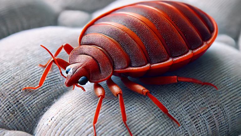 Eine detaillierte Nahaufnahme einer Bettwanze auf einer strukturierten Oberfläche, die ihre markanten Merkmale zeigt.