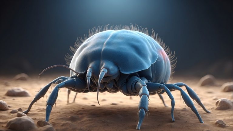 Eine detaillierte Nahaufnahme einer Bettwanze mit bläulicher Färbung auf einer sandigen Oberfläche, die die anatomischen Merkmale des Insekts hervorhebt.